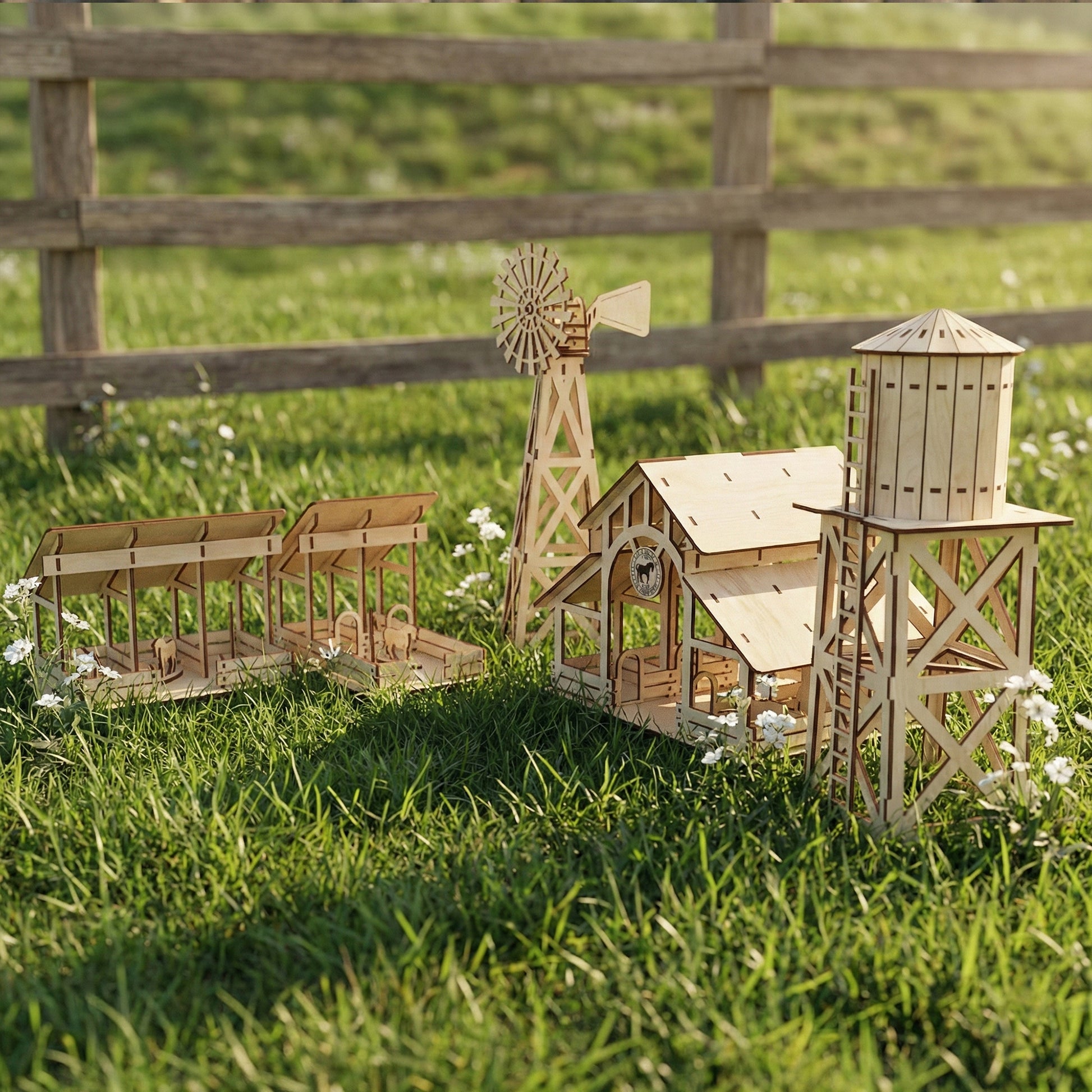 Perspective shot of a laser cut plywood farm set on a lawn. The water tower with its cross-braced stand is in the foreground. The barn, windmill, and stables trail into the background, highlighting the smooth texture of the wood.