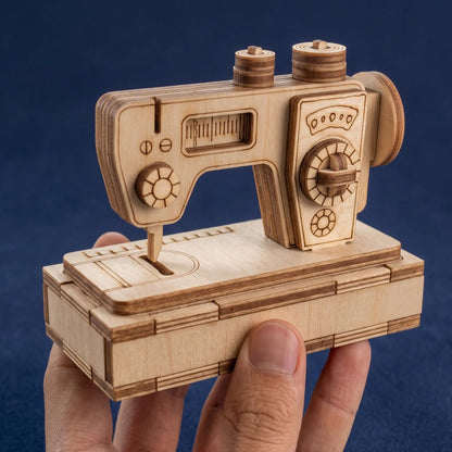 A wooden 3D puzzle laser cut model of a sewing machine, held in a person's hand against a dark blue textured background.