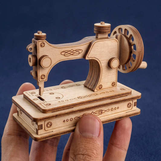 A miniature wooden laser cut sewing machine model being held in a person's hand against a dark blue background.