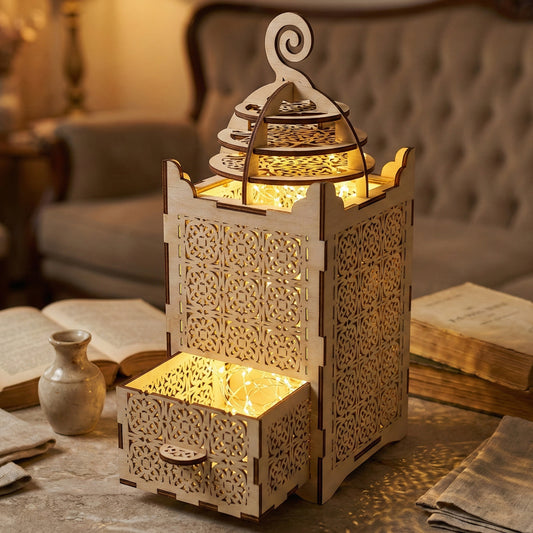 Laser cut wooden shadow lamp with pull-out drawer revealing extra light, detailed arabesque cutouts and layered roof, glowing softly on a rustic wooden table background.