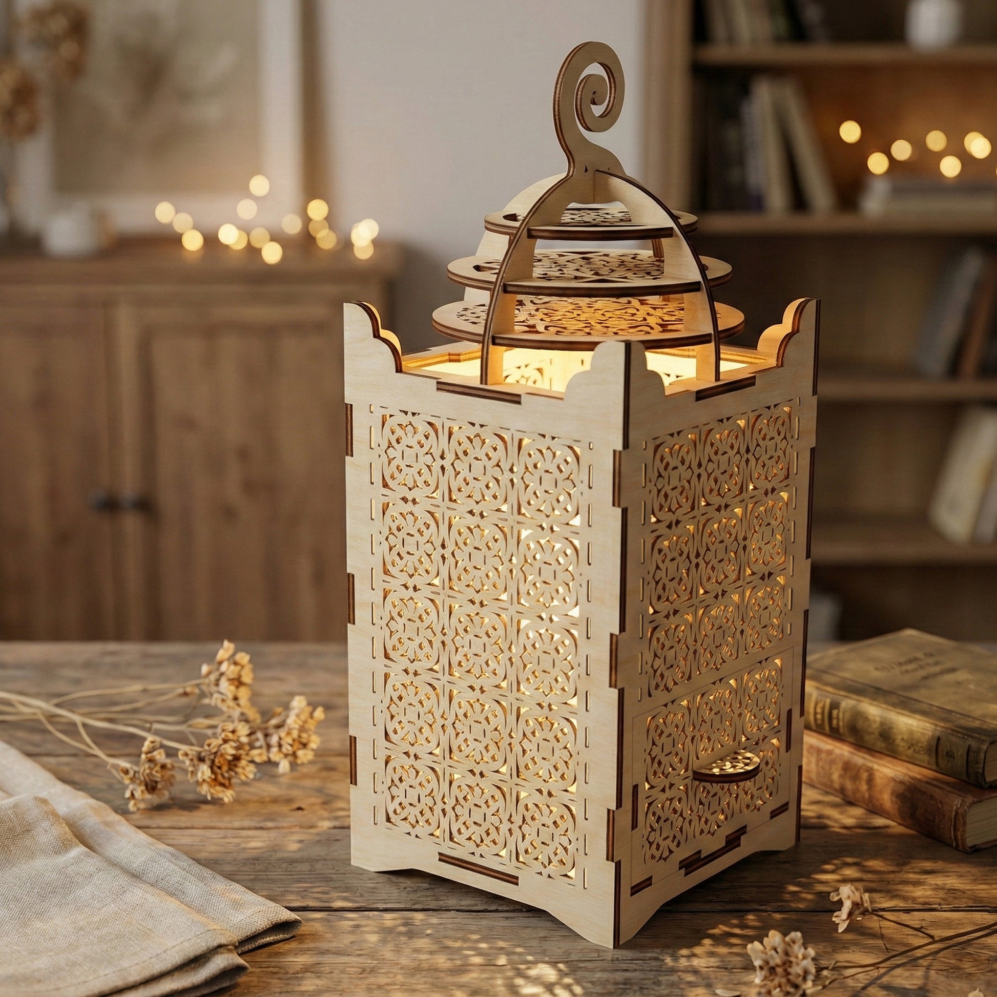 Laser cut wooden shadow lamp in ornate oriental style with intricate geometric patterns, featuring a multi-tiered dome and soft warm glow, on a cozy indoor table background.