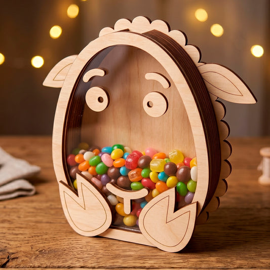 Laser cut plywood sheep shaped candy box with a clear acrylic window filled with sweets on a warm blurry bokeh background.
