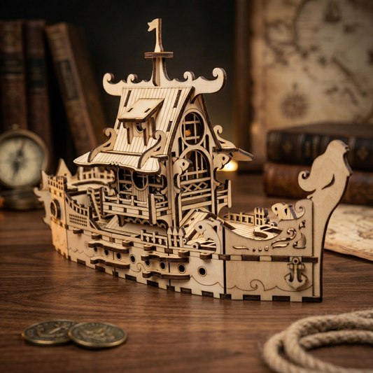 Wooden ship laser cut file model on a wooden surface with books and a map in the background