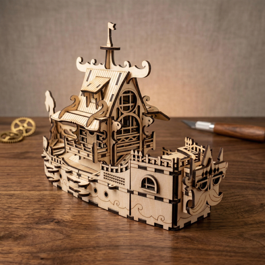 Wooden laser cut model ship kit on a wooden surface with tools in the background