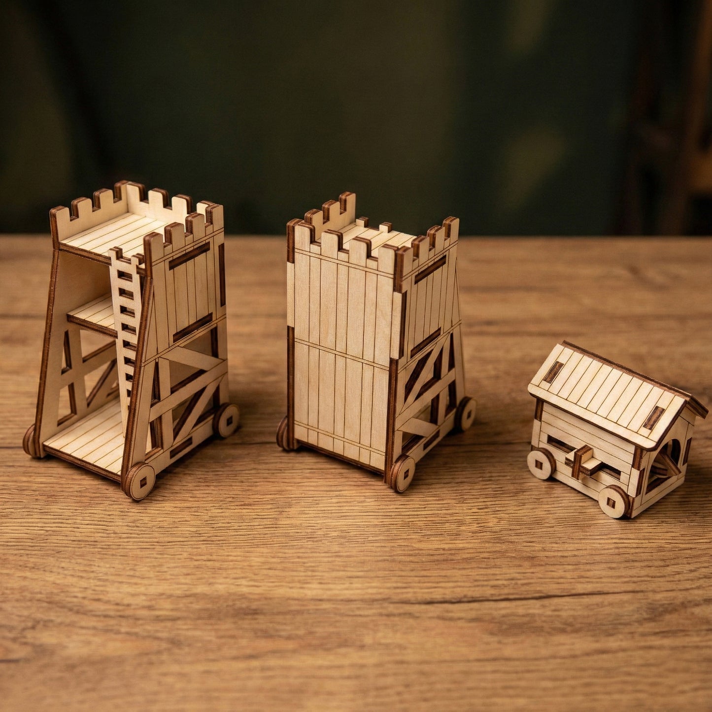 Three different medieval siege weapon models crafted from laser cut plywood. Includes two variations of a tall siege tower and one covered battering ram. The set is displayed in a row on a rustic wooden tabletop.