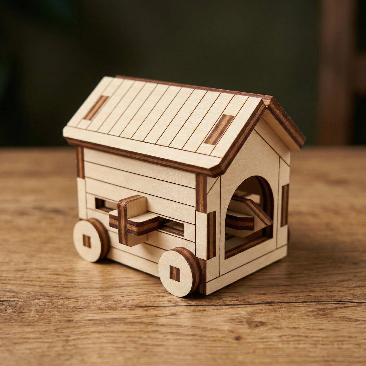 Detailed close-up of a miniature covered battering ram made of laser cut plywood. The model has a gabled roof, small wheels, and a protruding ram head. The dark brown laser-burnt edges highlight the intricate assembly.