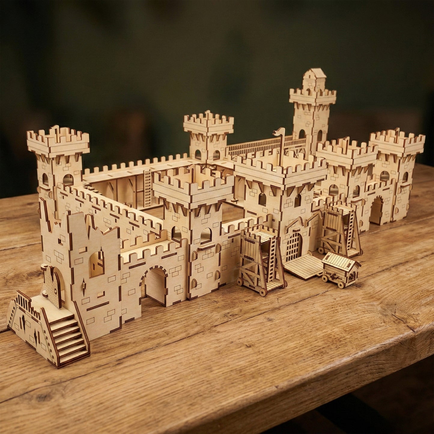 An expansive medieval castle toy set with walls and towers, accompanied by siege weapons, all made from laser cut plywood. The large-scale model is intricately detailed with etched stone patterns and modular sections.