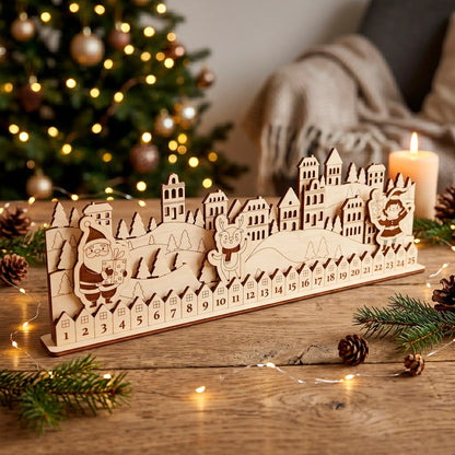 House shaped laser cut plywood advent calendar sitting on a wooden table beside a white mug and winter holiday pinecones.