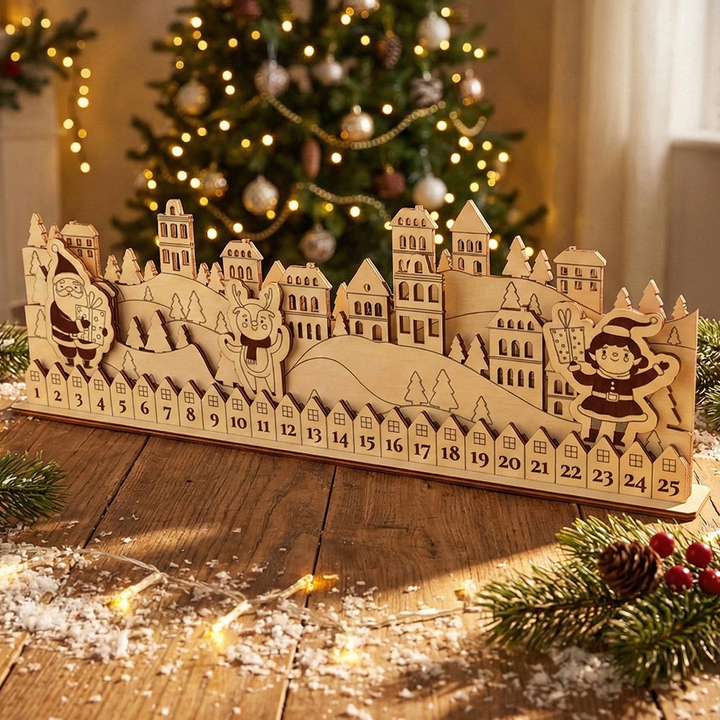 Wooden laser cut Simple Advent Calendar featuring a layered snowy village skyline with Santa and elf figures, numbered 1 to 25 on the base, displayed against a softly blurred Christmas tree background.