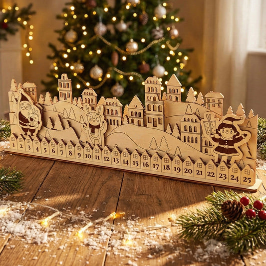 Wooden laser cut Simple Advent Calendar featuring a layered snowy village skyline with Santa and elf figures, numbered 1 to 25 on the base, displayed against a softly blurred Christmas tree background.