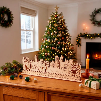 House shaped advent calendar made from laser cut plywood with small numbered drawers near a brightly lit Christmas tree