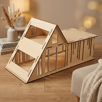 A modern, minimalist dollhouse made of laser cut plywood with an A-frame roof and large open windows. The 3D wooden model features a sleek architectural design, shown in a cozy interior setting with books and pampas grass.