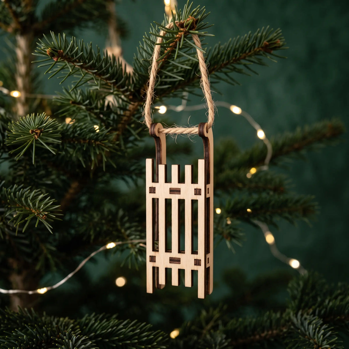 Mini laser cut plywood sled ornament hanging on fir tree branches with twine next to warm glowing lights.