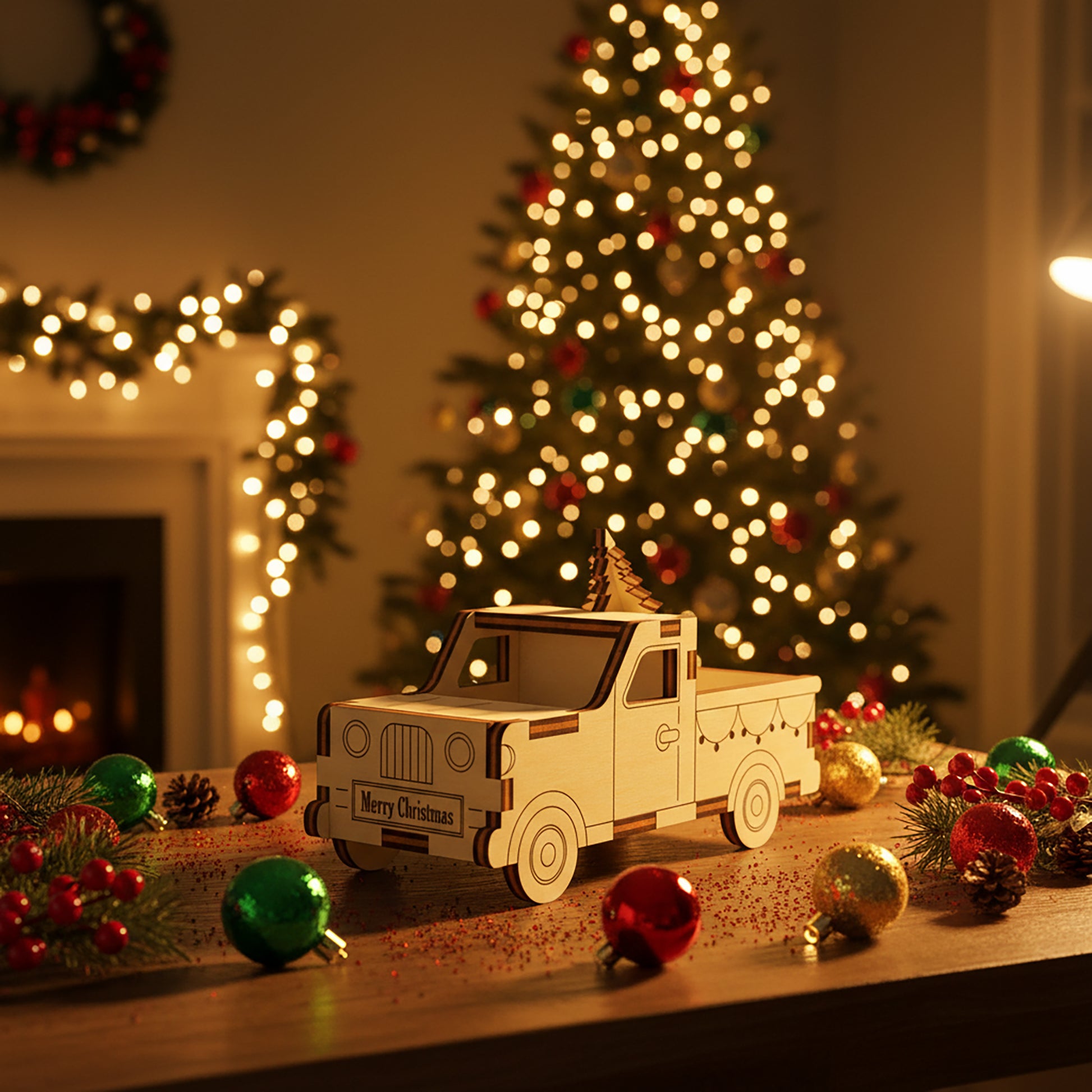 Delicate laser cut Small Christmas Truck decoration carrying a holiday tree, set against a warm festive bokeh with glowing ornaments background.