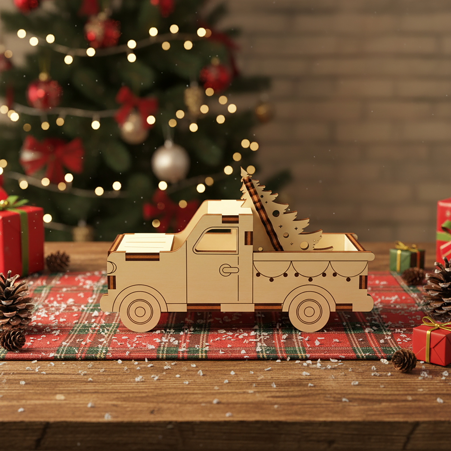 Intricate wooden laser cut Small Christmas Truck with presents and tree in the back, placed against a softly lit Christmas tree and wrapped gifts background.