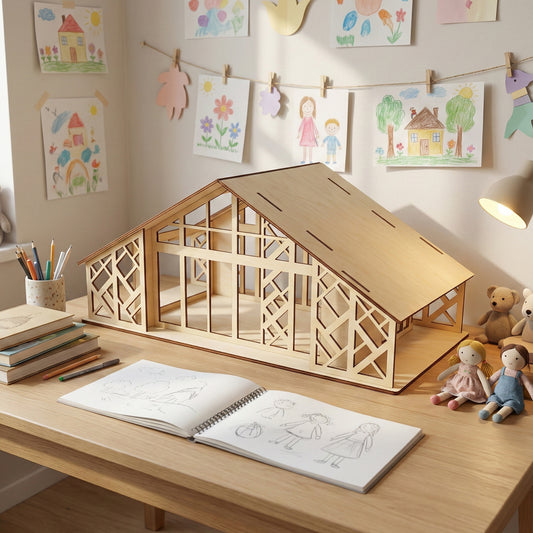 Detailed Small forest house architectural miniature made of laser cut wood, sitting on a table with children's drawings in the background.