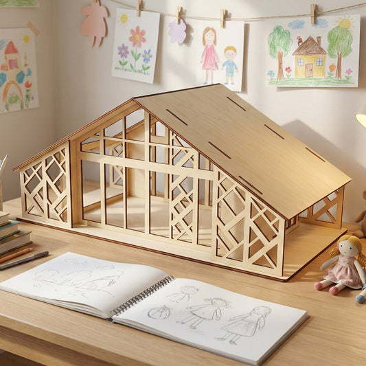 A laser cut wooden Small forest house model displayed on a desk within a child's creative workspace background.