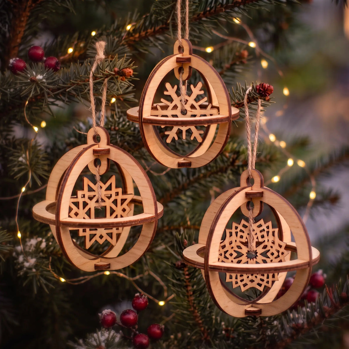 Set of three 3D laser cut plywood sphere ornaments with suspended snowflakes hanging on lit Christmas tree