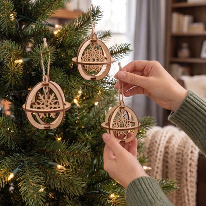 Hands hanging three 3D laser cut plywood globe ornaments with suspended snowflakes onto a glowing pine tree.