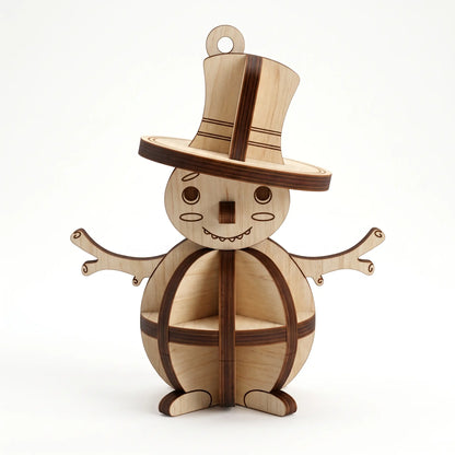Front view of 3D laser cut plywood snowman ornament with slotted spherical body and tall hat on plain white background.