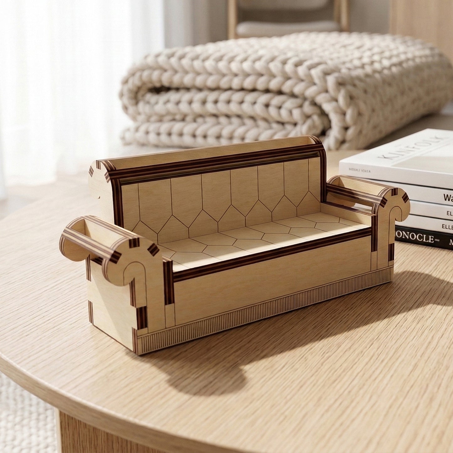 Detailed side angle of a miniature laser cut plywood couch. Highlights the layered wood construction, scrolled arms, and hexagonal patterns etched into the cushions. A chunky knit blanket and books are blurred in the background.