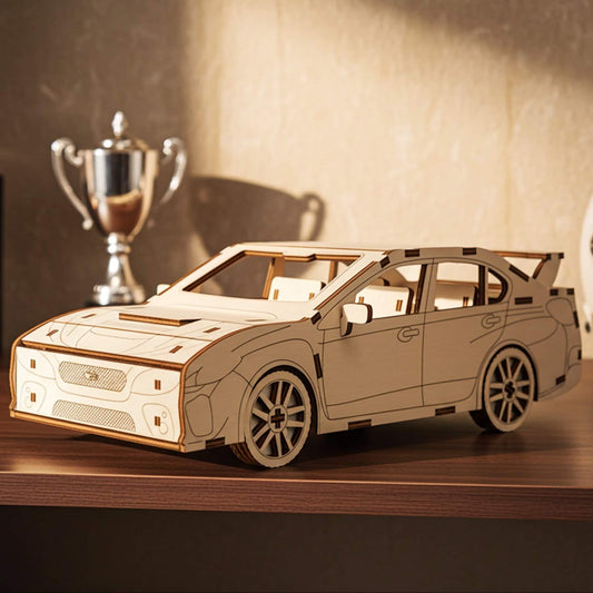 Laser cut wooden plywood sports sedan 3D model on a wooden shelf next to a silver trophy. Detailed plywood car featuring a large rear spoiler, multi-spoke wheels, and a hood scoop. Natural wood texture with precise dark laser-cut accents.