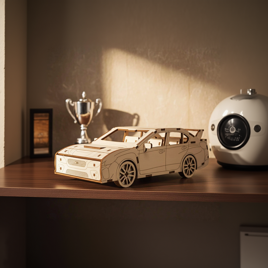 Laser cut wooden plywood sports sedan 3D model on a wooden shelf next to a silver trophy. Detailed plywood car featuring a large rear spoiler, multi-spoke wheels, and a hood scoop. Natural wood texture with precise dark laser-cut accents.