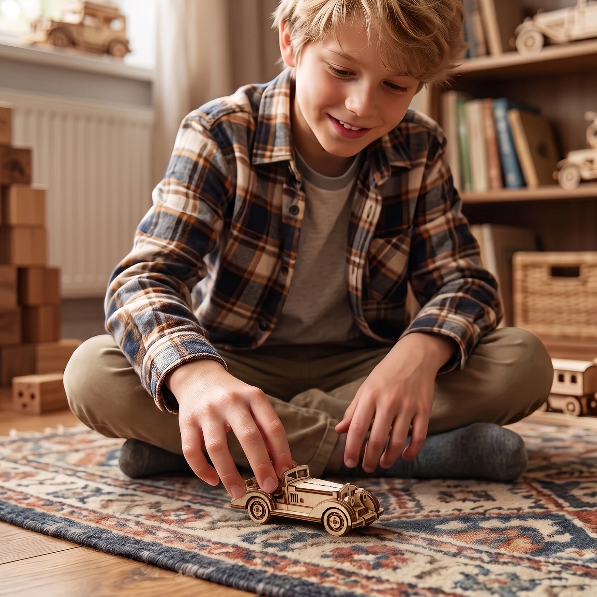 A young boy sits on the floor, intently playing with a laser cut plywood toy car.