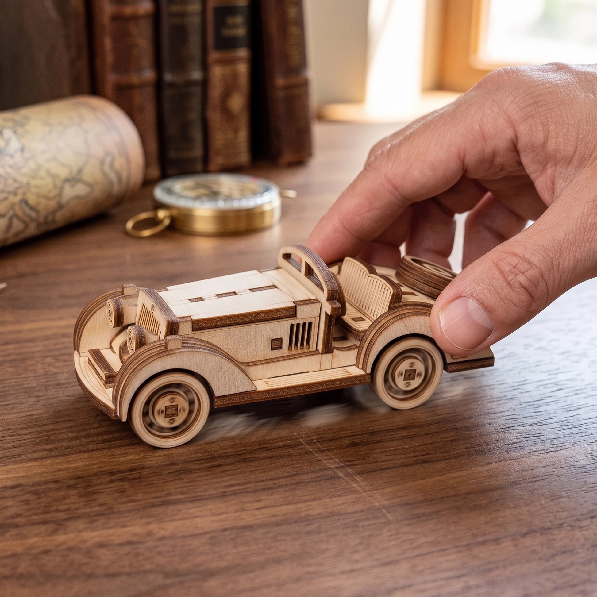 A hand is holding a small wooden  plywood laser cut model of a car, with a compass and books visible in the background.