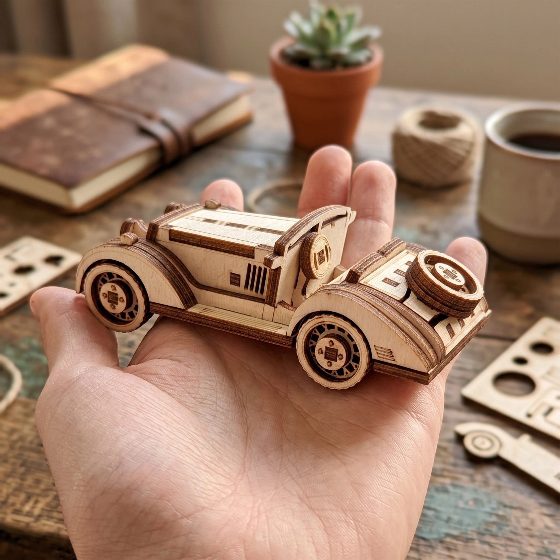 A hand holding a miniature vintage sport car model crafted from laser cut plywood, showing its compact size.