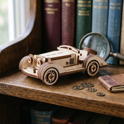 Elegant vintage sport car made of laser cut plywood, displayed on a wooden shelf next to books and a magnifying glass.