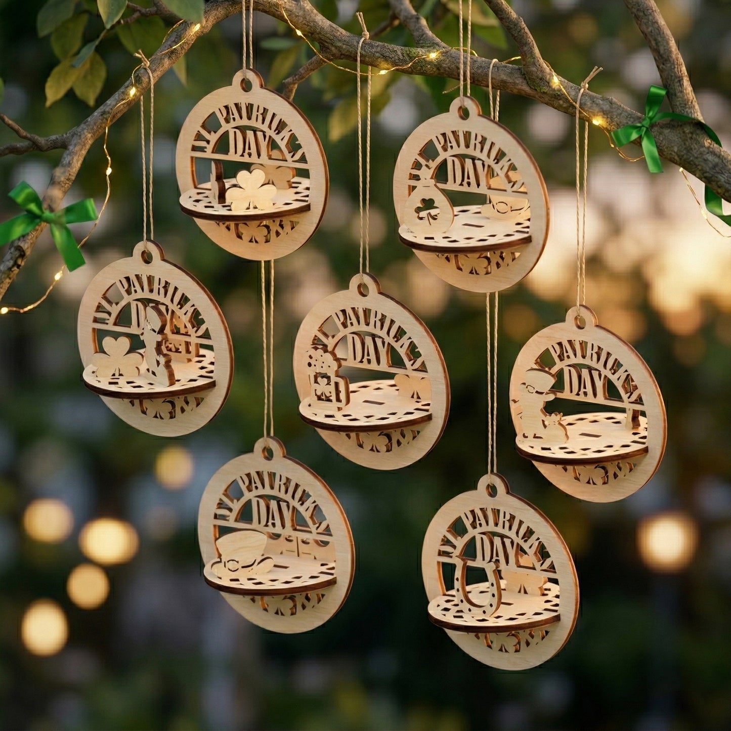 Seven handcrafted wooden St. Patrick's Day ornaments displayed on a tree branch. These 3D laser-cut plywood circles highlight various Irish symbols like a horseshoe, a leprechaun, and shamrocks. The natural wood grain and dark burnt edges are visible against a soft, sunlit garden background.