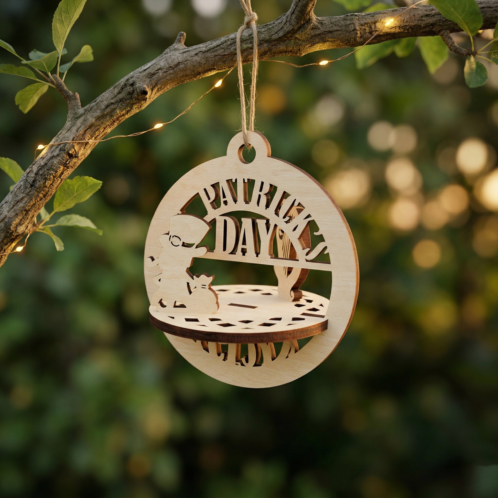 Close-up of a single 3D laser-cut plywood ornament for St. Patrick's Day. The circular frame houses a detailed silhouette of a leprechaun sitting beside a harp on a lattice-patterned base. Engraved with "ST. PATRICK'S DAY" at the top and hanging from a twine string on a branch with warm fairy lights.