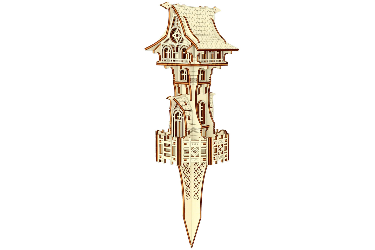 Angled side view of a laser cut plywood outdoor garden magic tower model that features a long integrated stake.