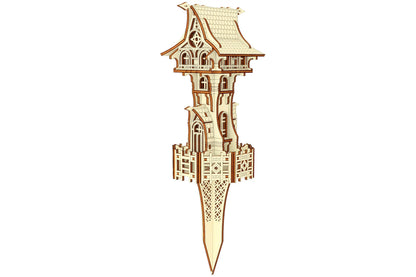 Angled side view of a laser cut plywood outdoor garden magic tower model that features a long integrated stake.