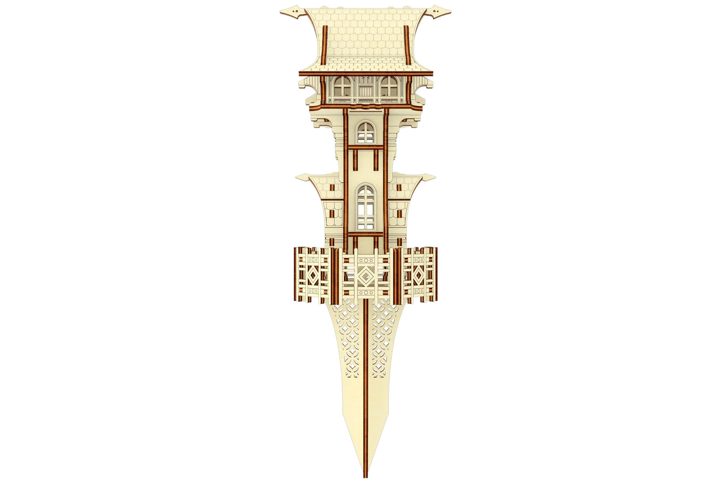 Back view of a laser cut plywood garden magic tower variation showing the decorative filigree on its long stake.