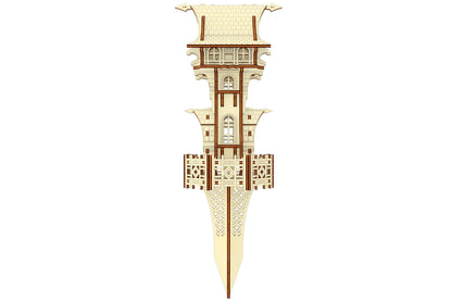 Back view of a laser cut plywood garden magic tower variation showing the decorative filigree on its long stake.