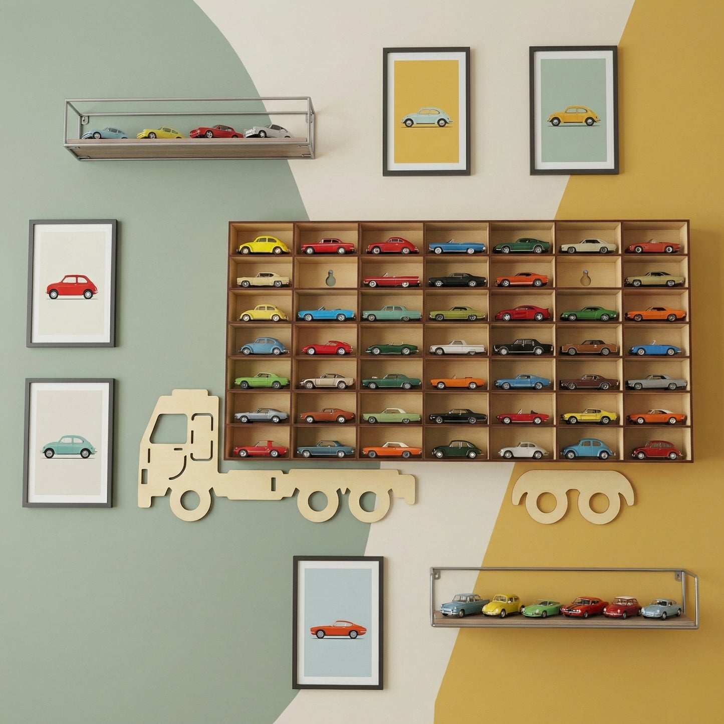 Warm-toned laser cut truck-shaped display rack crafted from wood, featuring 49 individual slots for toy car collection, mounted on a soft two-tone wall background.