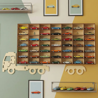 Laser cut wooden car model holder designed as a large truck outline, with neatly arranged compartments holding various die-cast cars, in a cozy children's bedroom setting.