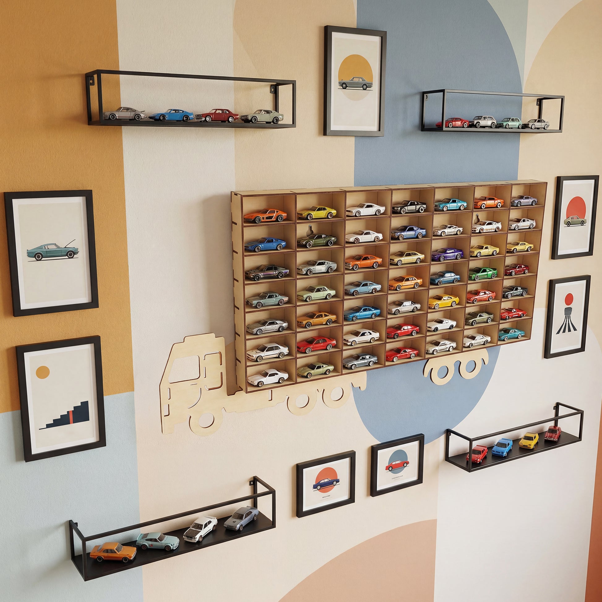 Laser cut wooden stand for car models shaped like a vintage truck, featuring multiple individual compartments filled with colorful toy cars, on a modern kids' room background.