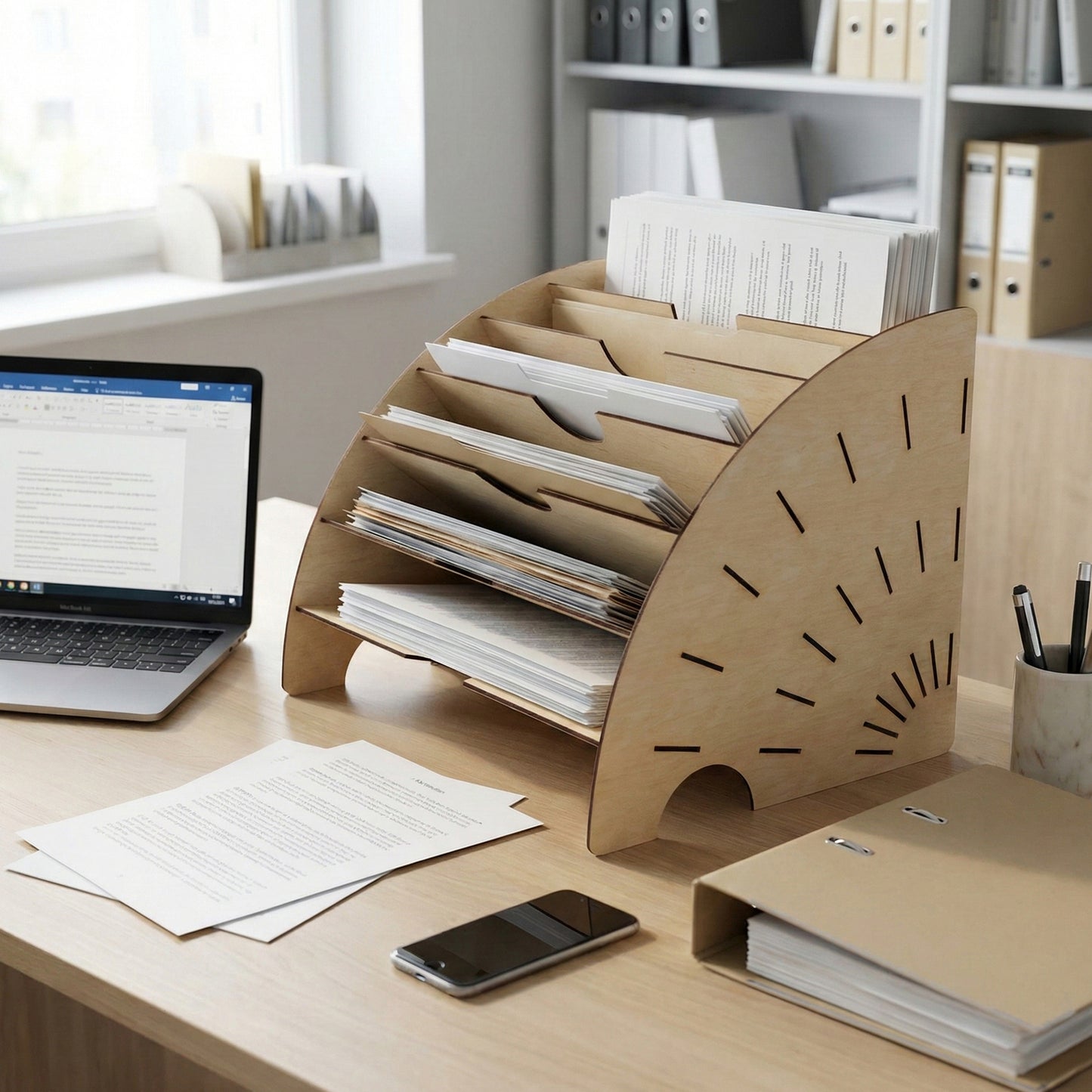 Elegant laser cut wooden Stand for documents with multiple angled slots filled with papers and subtle geometric cutouts, placed on a desk in a professional office background with laptop and phone.