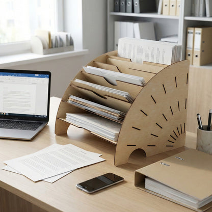 Elegant laser cut wooden Stand for documents with multiple angled slots filled with papers and subtle geometric cutouts, placed on a desk in a professional office background with laptop and phone.