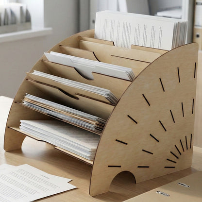 Functional wooden laser cut Stand for documents offering tiered organization for files and envelopes with decorative side patterns, presented in a bright office environment background.