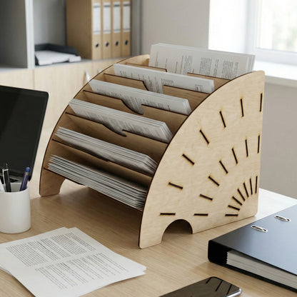 Wooden laser cut Stand for documents with curved multi-tiered slots holding papers and decorative sunburst cutouts on the side, displayed on an office desk background with laptop and files.