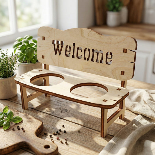 A miniature bench-shaped stand made of laser cut plywood with two circular cutouts for bottles or glasses. The backrest features the word "Welcome" in an intricate cutout font. The light-colored wood shows natural grain and dark, laser-burned edges.