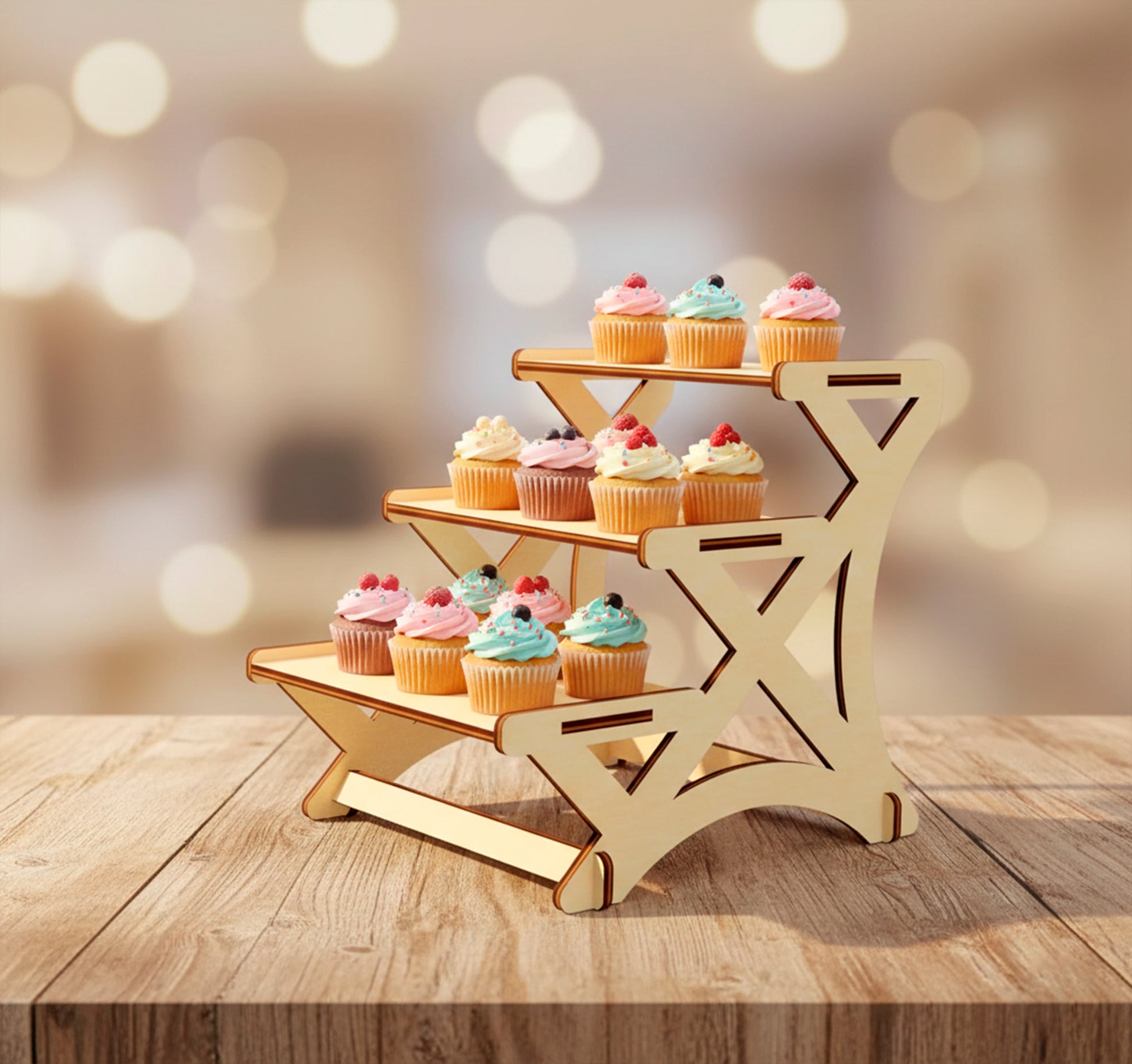 Side profile of a laser cut plywood tiered pastry shelf. The elegant curved support legs highlight the precision of the laser cutting. Multiple pastel-colored cupcakes are arranged on the flat, smooth wooden tiers.