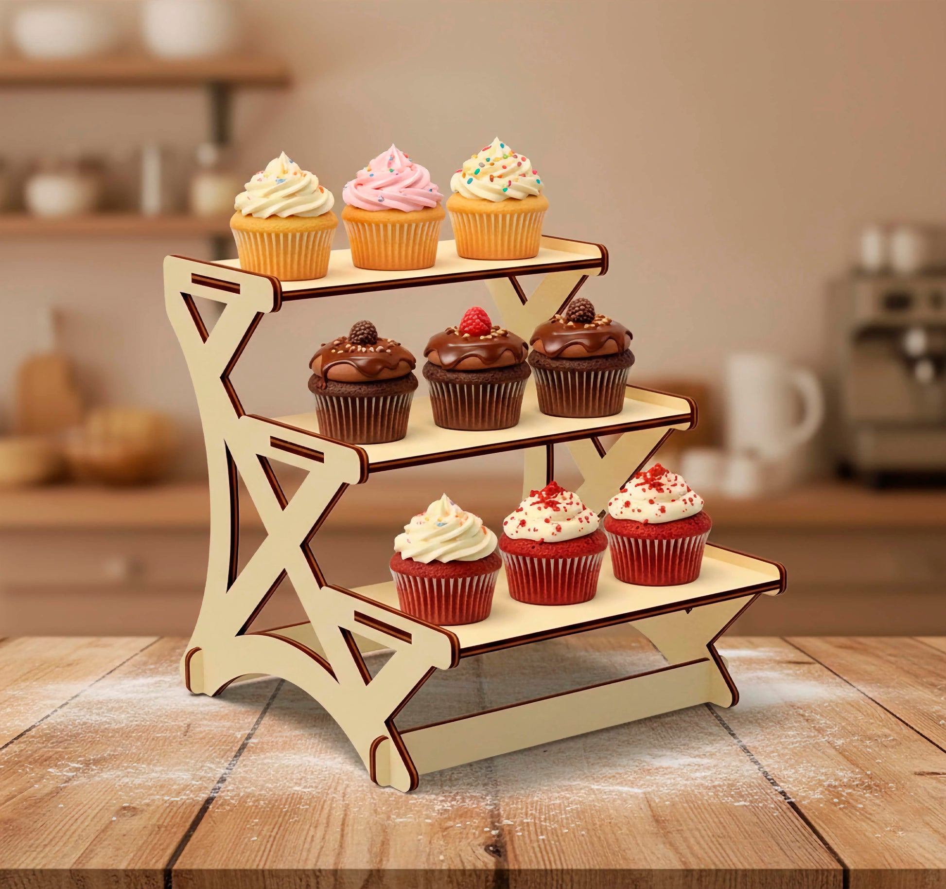 Front view of a laser cut plywood wooden  tiered dessert display holding chocolate and vanilla cupcakes. The interlocking slot-and-tab design ensures a sturdy, glue-free assembly. Set against a soft-focus kitchen background.