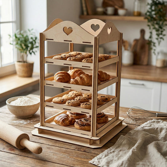 Laser cut plywood pastry rack holding cookies and croissants on a wooden kitchen counter. Side-view shows the sturdy tiered construction and heart details next to a rolling pin and flour bowl for scale.