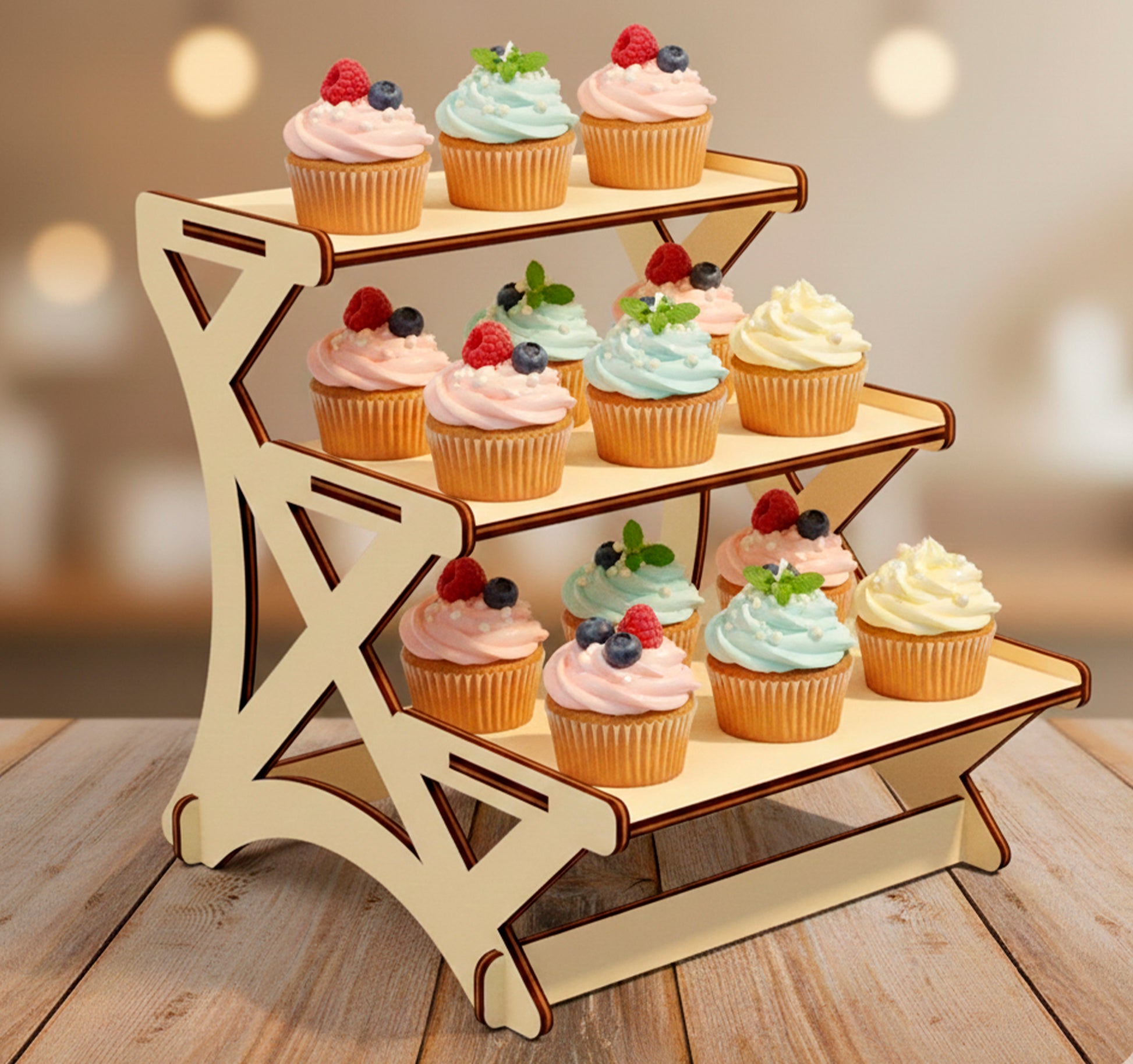 A three-tier laser cut wooden plywood cupcake stand filled with colorful berry-topped treats. The cream-colored plywood features dark burnt edges and a modern geometric support frame. Displayed on a rustic wooden surface.