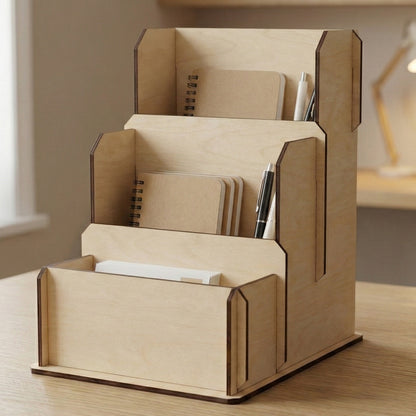 Three-tier laser cut plywood desk organizer on a wooden table. The tiered stand holds notebooks and pens in separate compartments. Clean, natural wood finish with visible dark edges, shown in a bright, modern office setting.